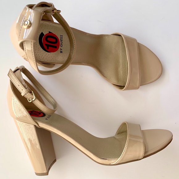 GUESS Patent Block High Heel Sandal with Ankle Strap Cream Beige Neutral Size 10 - Picture 2 of 7